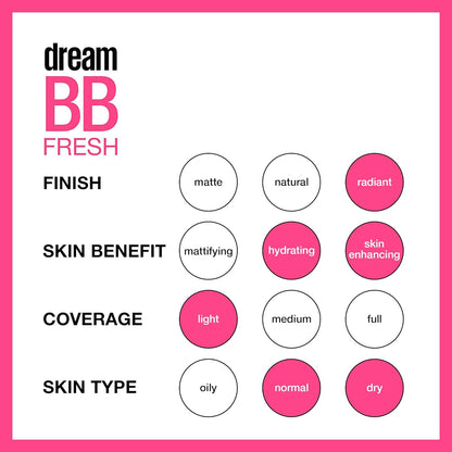 Maybelline Dream Fresh Skin Hydrating BB Cream, 8-In-1 Skin Perfecting Beauty Balm with Broad Spectrum SPF 30, Sheer Tint Coverage, Oil-Free, Light/Medium, 1 Fl Oz